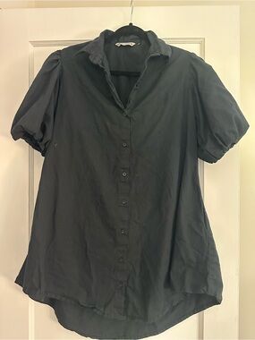 Zara Womens Black Cotton Puff Sleeve Button Down Mini Shirt Dress